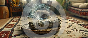 Sage Smudging Ritual for Home Cleansing. Concept Spiritual Cleansing, Energy Clearing, Smudging