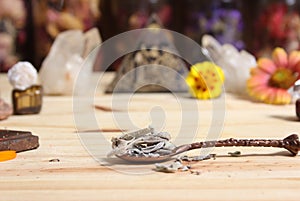 Sage in Vintage Spoon on Meditation Altar With Pyramid in Background