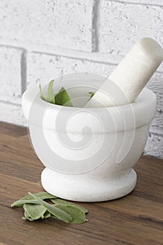 Sage in a white granite pestle and mortar. With grey brick background