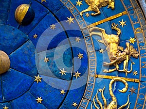 Sagittarius astrological sign on ancient clock. Detail of Zodiac wheel with Sagittarius