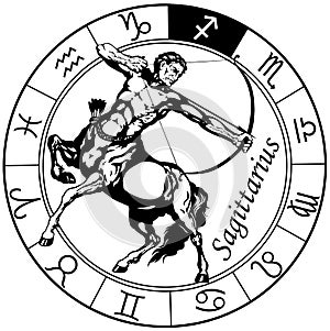 Sagittarius astrological zodiac sign. Black and white