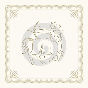 Sagittarius centaur zodiac horoscope line art deco symbol antique vintage card design vector