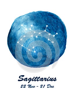 Sagittarius constellation icon of zodiac sign Sagittarius in cosmic stars space. Blue starry night sky inside circle background.