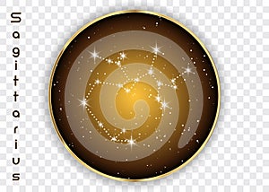 Sagittarius zodiac constellations sign on beautiful starry sky with galaxy and space behind. Archer sign horoscope symbol constell