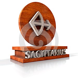 Sagittarius zodiac sign. 3D illustration of the zodiac sign Sagittarius made of stone on a wooden stand with the name of the sign