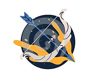 Sagittarius, zodiac sign. Arch, bow and arrow, astrology horoscope symbol. Archer, sky star, esoteric sticker, icon