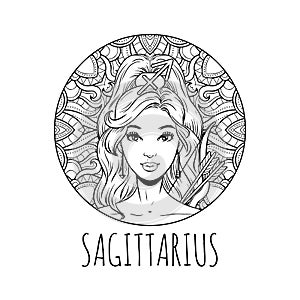 Sagittarius zodiac sign artwork, adult coloring book page, beautiful horoscope symbol girl, vector illustration