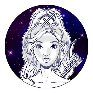 Sagittarius zodiac sign artwork, beautiful girl face, horoscope symbol, star sign, vector illustration