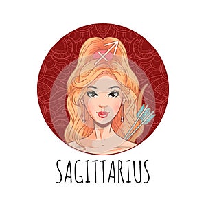 Sagittarius zodiac sign artwork, beautiful girl face, horoscope symbol, star sign, vector illustration