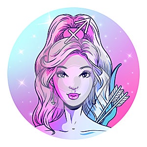 Sagittarius zodiac sign artwork, beautiful girl face, horoscope symbol, star sign, vector illustration