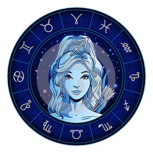 Sagittarius zodiac sign artwork, beautiful girl face, horoscope symbol, star sign, vector illustration