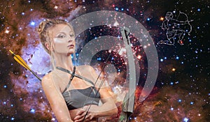 Sagittarius Zodiac Sign. Astrology and horoscope, Beautiful woman Sagittarius on the galaxy background