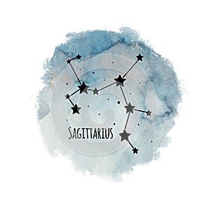 Sagittarius zodiac sign constellation on watercolor background isolated on white, horoscope character