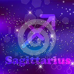 Sagittarius Zodiac sign on a cosmic purple background with sparkling stars and nebula