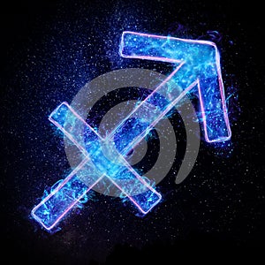 Sagittarius zodiac sign icon, blue neon hologram on a dark background of the starry sky, horoscope signs. The concept of fate,