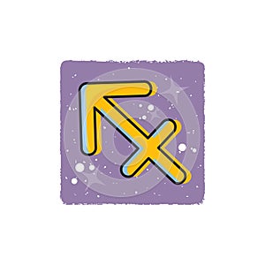 Sagittarius - Zodiac signs. Yellow cartoon symbol on purple background