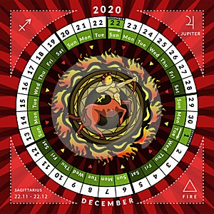 Sagittarius zodiacal circle caledar of year 2020 with features