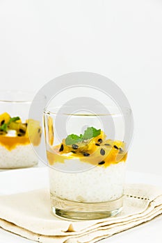 Sago pudding with passion fruit topping