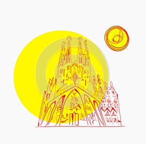 Sagrada Familia famous cathedral in Barcelona in linear style with big yellow sun
