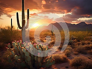 Saguaro cactus in the desert at sunset