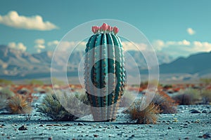 A Saguaro cactus with electric blue flowers against the desert landscape