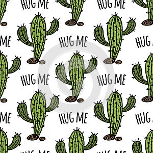 Saguaro cactus seamless vector pattern. Green desert plant with stones. Hug me, cute prickly succulent. Bright hand