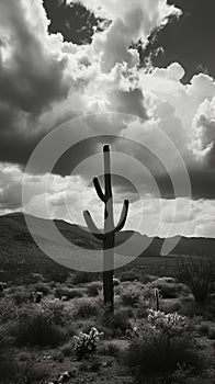 Saguaro cactus standing tall in a desert landscape under a cloudy sky