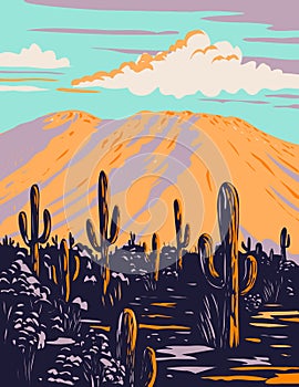 Saguaro Cactus with Wasson Peak in Tucson Mountains Located Within the Saguaro National Park in Arizona WPA Poster Art