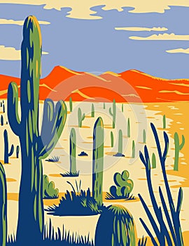 Saguaro National Park with Giant Saguaro Cactus in Sonoran Desert Pima County Arizona WPA Poster Art