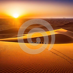 Sahara Desert Dunes and Camel Train at Sunrise