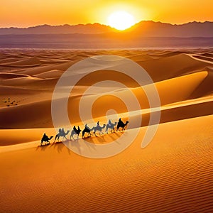 Sahara Desert Dunes and Camel Train at Sunrise