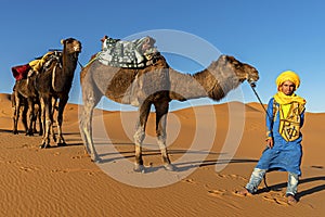 SAHARA DESERT, MOROCCO, APRIL 13, 2016. Tuareg man portrait with