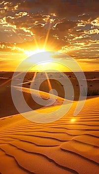 Sahara desert panorama at sunset with golden sand dunes captivating landscape banner