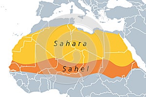 The Sahara desert and the Sahel region, North Africa, political map