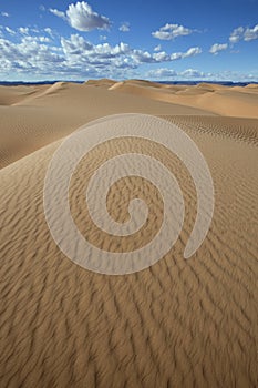 Sahara desert sand dunes with cloudy blue sky.