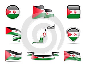 Saharan Arab Democratic Republic flags collection. Vector illustration set flags and outline of the country