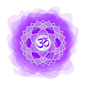 Sahasrara icon. The seventh crown, parietal chakra. Vector purple smoky circle. Line symbol. Sacral sign. Meditation
