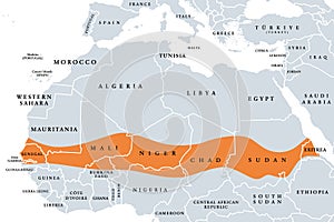 The Sahel, region in Africa between Sahara and Sudanian savanna, political map