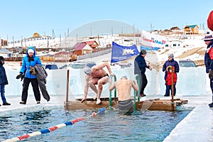 SAHYURTA ,IRKUTSK REGION, RUSSIA - March 11.2017: Cup of Baikal. Winter Swimming. Butterfly 25 meters. Men