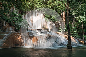 Sai Yok Noi waterfall flowing on limestone in tropical rainforest at national park