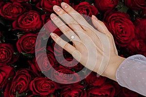 she said yes. close-up of woman hand with engagement rings. Hand of the on the background of the big bouquet of red