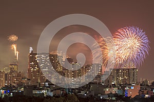 SAIGON, VIETNAM - FEB 04, 2019 - Colorful fireworks of Ho Chi Minh City at new year view from rooftop somewhere