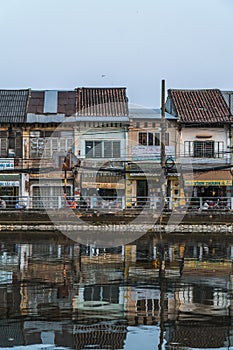 Old houses in Ben Binh Dong, Sai Gon. a little Hoi An ancient town at dusk in Ho Chi Minh city