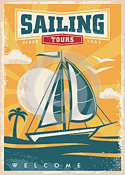 Sail boat in a beautiful sunset retro travel poster