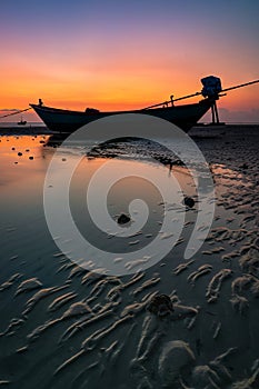 Sail boat at Chaolao beach when sunset & x28;dusk& x29; at Chanthaburi, Thailand