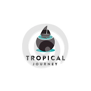Sail boat and coconut logo, tropical journey logo icon concept