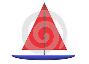 A sail boat with indigo deep blue body and bright red sail white backdrop