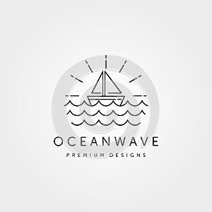 sail boat logo vector line art with ocean wave symbol illustration design