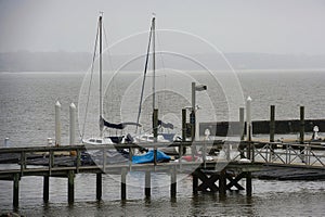 Sail boat in a marina on the James river on a foggy morning.