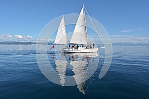 Sail boat sailing over Lake Taupo New Zealand